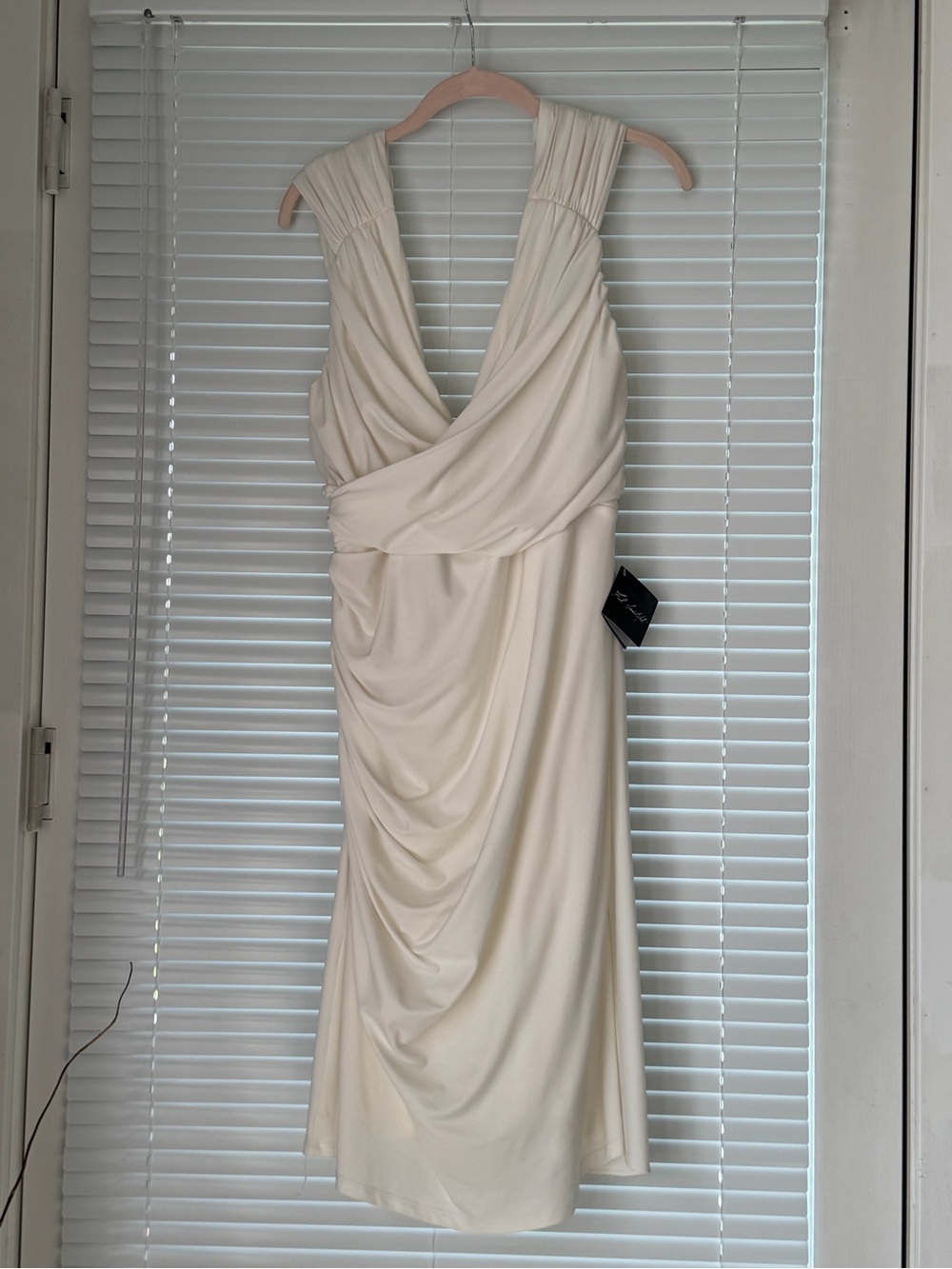 White House Black Market Cream Draped V-Neck Midi Dress